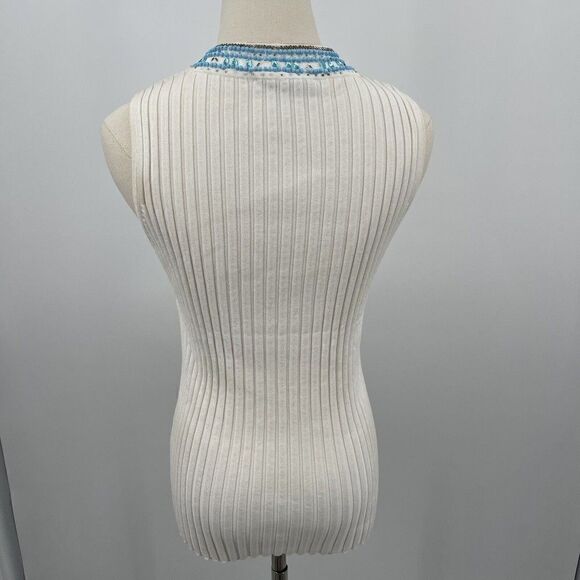 Belldini womans top large turquoise beaded neckline sleeveless white ribbed - Picture 2 of 2